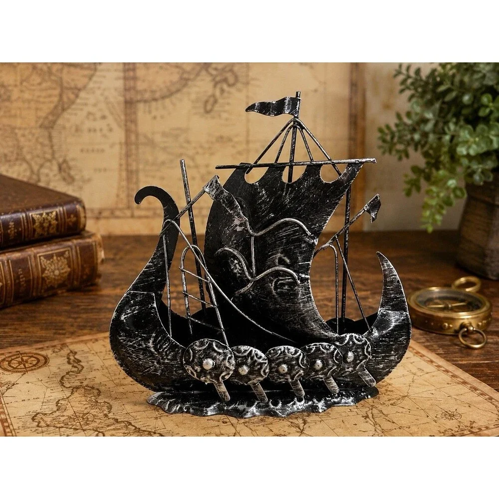 Vintage Black Metal Viking Ship Sculpture Nordic Dragon Boat Home Decor 9.5 Inch